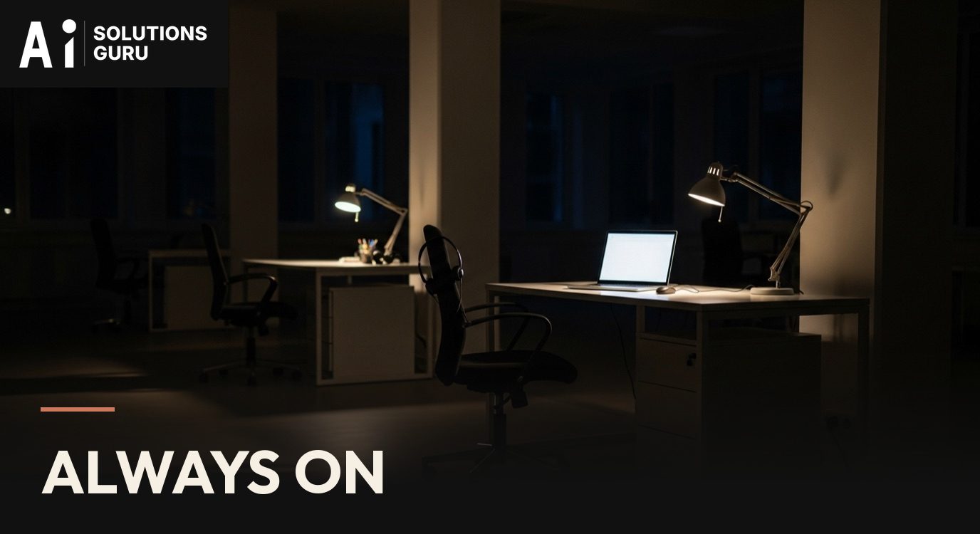 An empty office at night with one desk lamp and a laptop still on