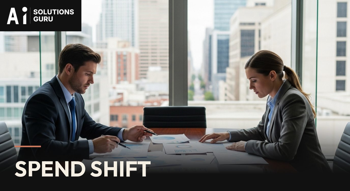 Two executives reviewing printed charts in a glass meeting room