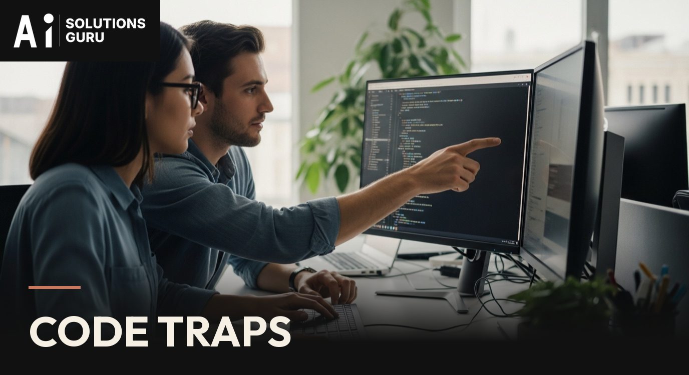 Two developers working through a problem together at one screen