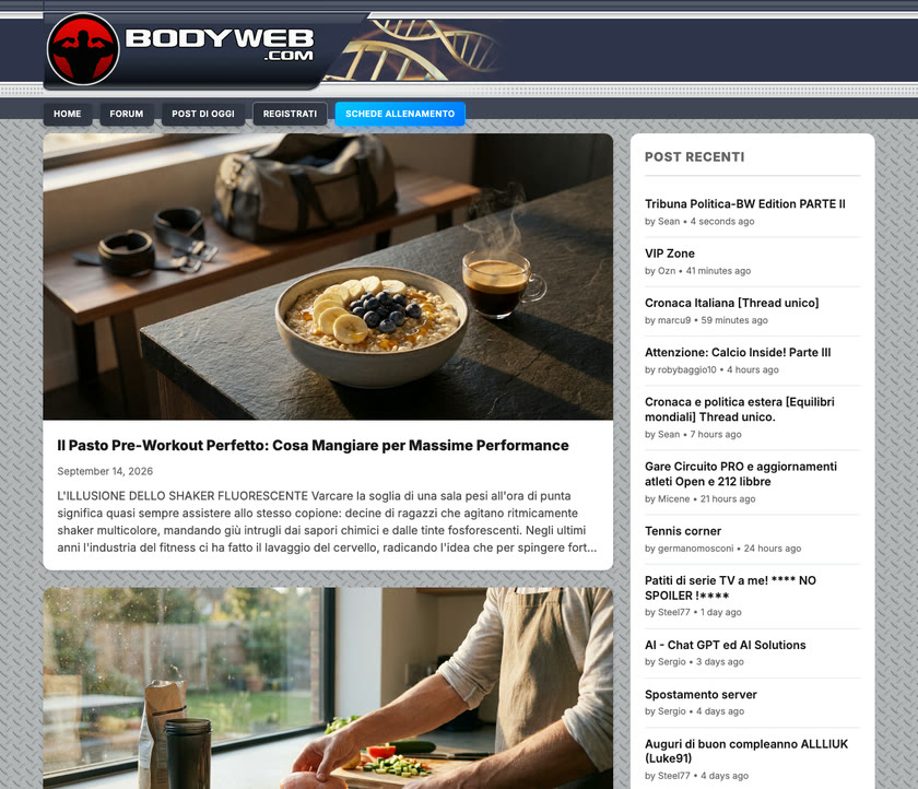 The Bodyweb homepage with training articles written and illustrated by our content engine
