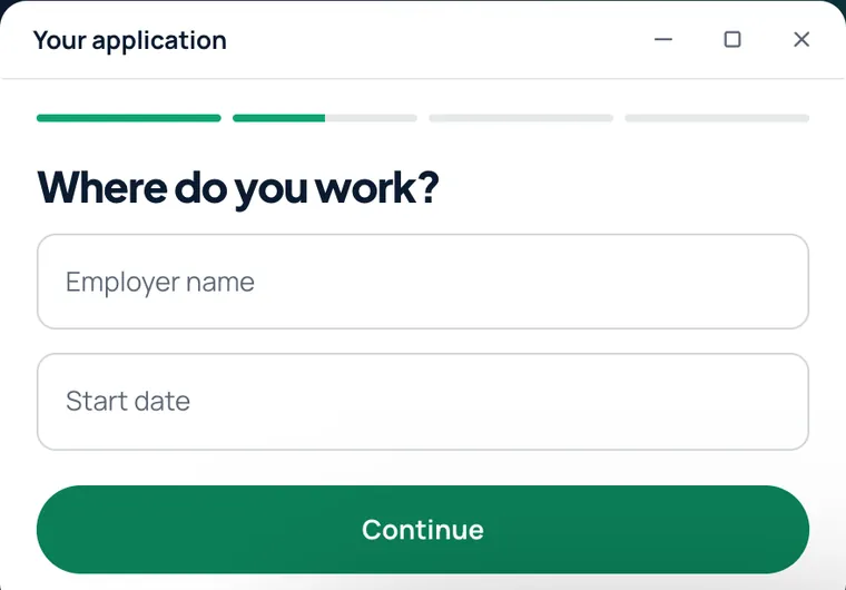 Borrower application on a branded site: a guided step asking where the borrower works
