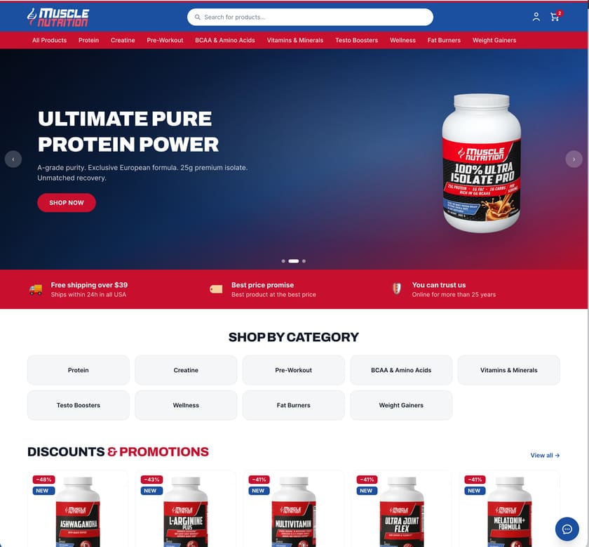 The Muscle Nutrition storefront, an ecommerce platform we built and run