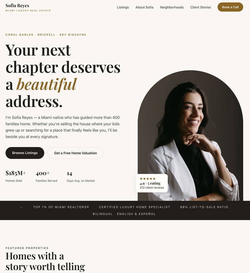 A live realtor website we built, shown on the homepage with its hero and listings