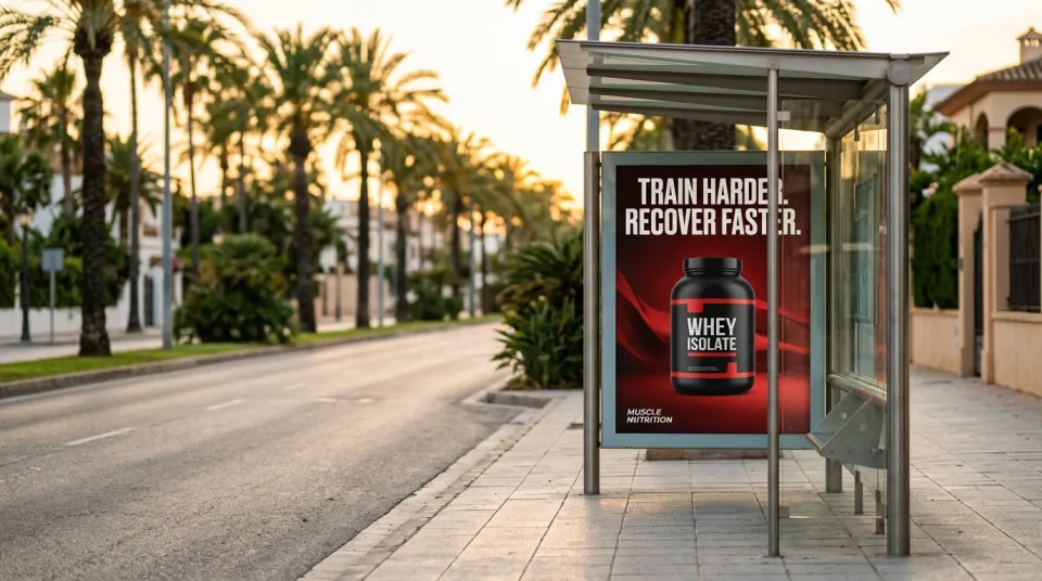 Outdoor poster campaign for Muscle Nutrition in a bus shelter